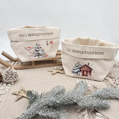 Personalisierter Nikolausstiefel Stoffkorb Weihnachtskörbchen mit Name, Nikolaus Geschenk Kinder, Hütte Tannenbaum Baumwoll Deko