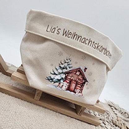 Personalisierter Nikolausstiefel Stoffkorb Weihnachtskörbchen mit Name, Nikolaus Geschenk Kinder, Hütte Tannenbaum Baumwoll Deko