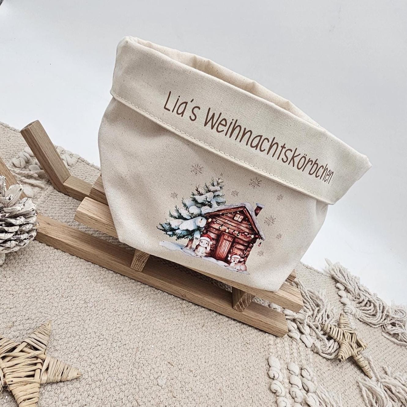 Personalisierter Nikolausstiefel Stoffkorb Weihnachtskörbchen mit Name, Nikolaus Geschenk Kinder, Hütte Tannenbaum Baumwoll Deko