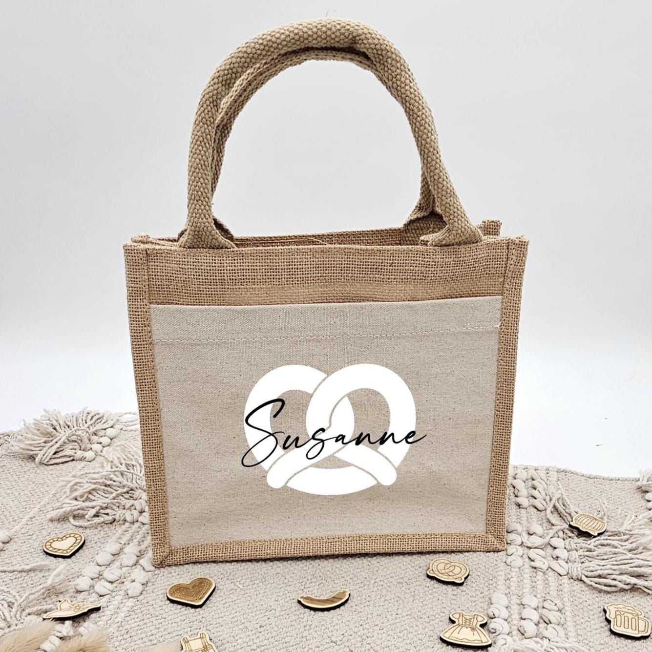 Personalisierte Jutetasche Oktoberfest mit Name | Brezel Tasche Dirndl Trachtenbeutel | Mini Tote Wiesn Tasche Geschenk Frauen