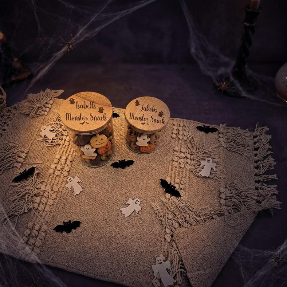 Personalisertes Vorratsglas Halloween Monster Snack | Snackglas mit Gravur Holzdeckel | Halloween Geschenke Kinder Keksdose
