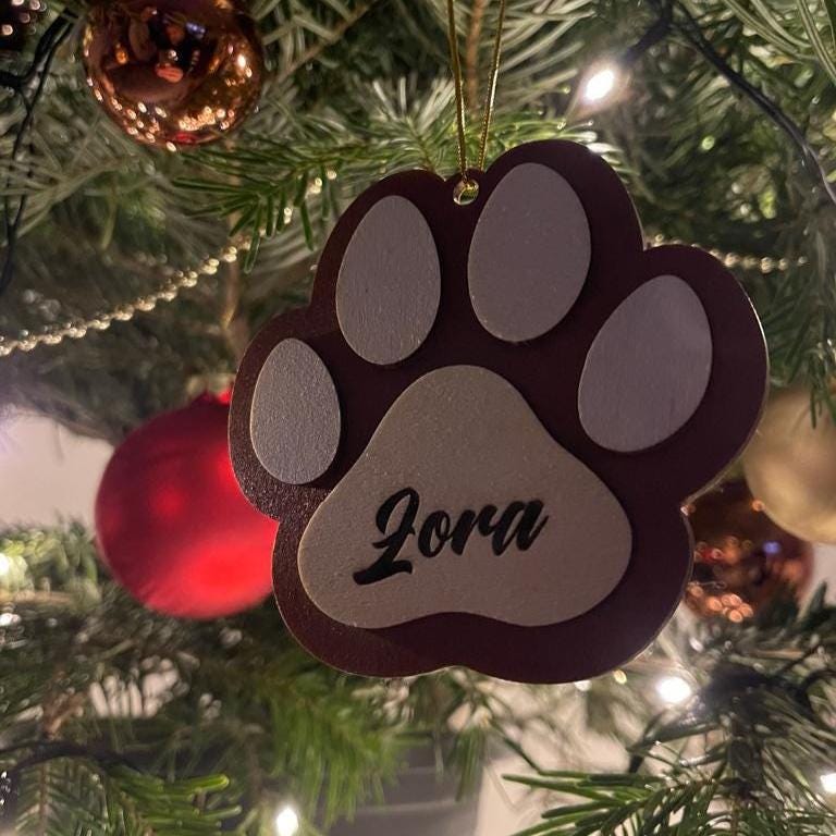 Personalisiere Hundepfote Christbaumschmuck Holz | Weihnachtsbaum Anhänger Name Haustier Hund Katze | Holzdeko Geschenkidee