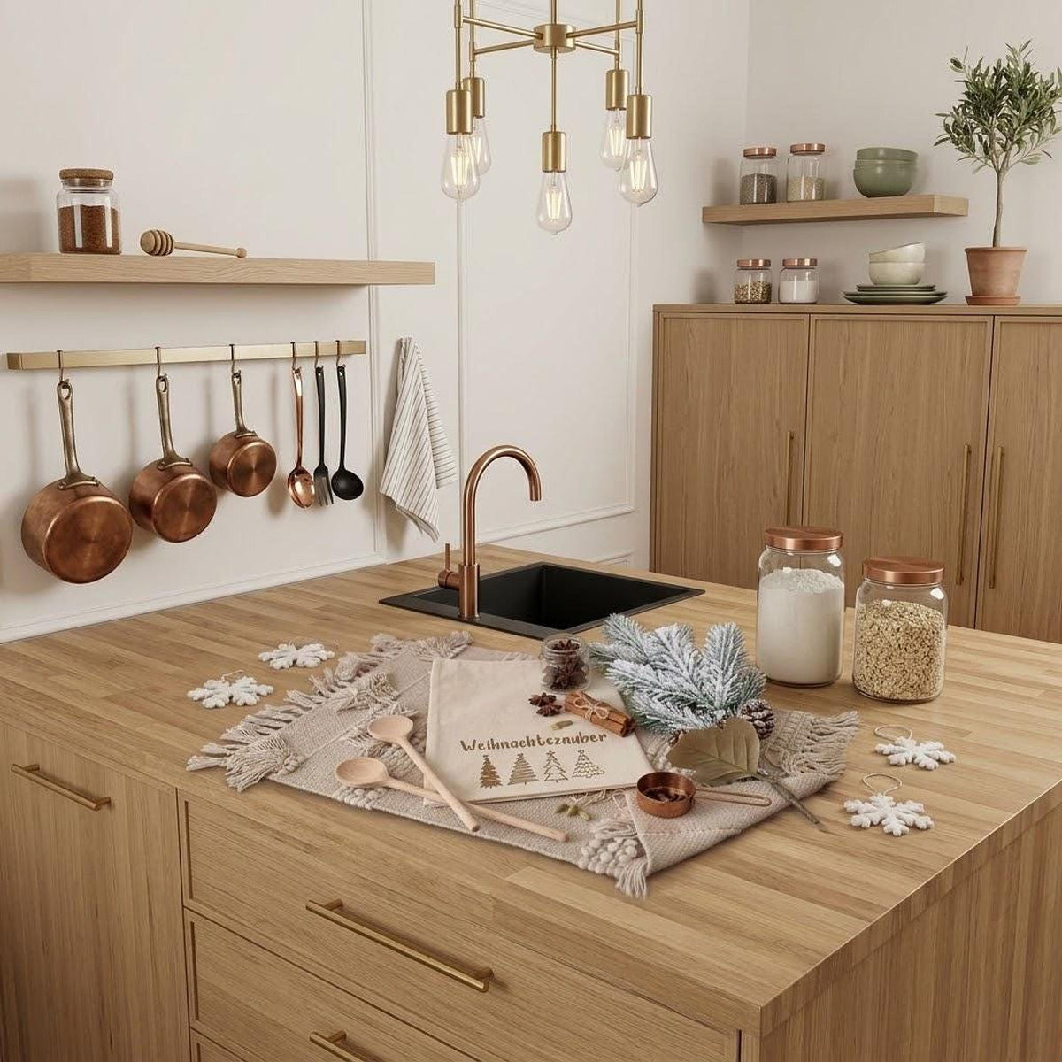 Eine Nahaufnahme einer modernen Küche mit einer Holztheke, auf der eine Leinentuch liegt, das mit dem Wort „Weihnachtszauber“ und vier Tannenbaum-Piktogrammen bedruckt ist. Auf dem Tuch liegen zwei Holzlöffel, ein paar Zimtstangen, Sternanis und ein Weihnachtsbaumzweig. Daneben stehen zwei Gläser mit Mehl und Haferflocken, beide mit kupferfarbenen Deckeln. Im Hintergrund hängt ein Messingleuchter mit vier Glühbirnen über der Theke. An der Wand hängt eine goldene Stange mit Töpfen, Pfannen und Ko