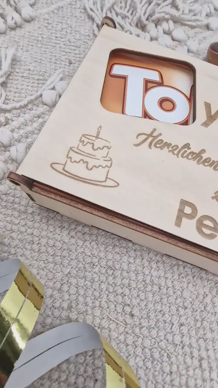 Personalisierte Holz Geschenkbox für Pralinen mit Name, Holzbox Geburtstag, Geldgeschenk Box, Pralinen Verpackung