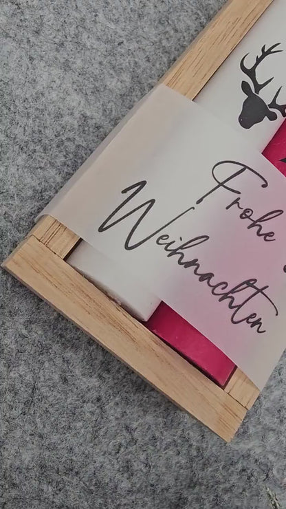 Weihnachts Kerzenset mit Holzträger Frohe Weihnachten | Stabkerzen Hirsch & Baum | Adventsdeko Geschenk Idee