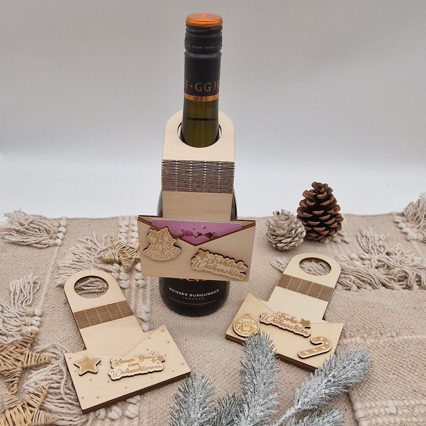 Gutscheinhalter Flexibel aus Holz Frohe Weihnachten Flaschenanhänger