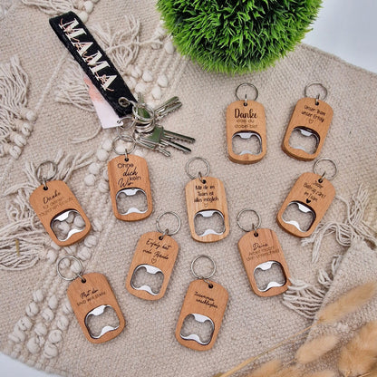 Flaschenöffner mit Schlüsselanhänger aus Holz, Mitarbeitergeschenk